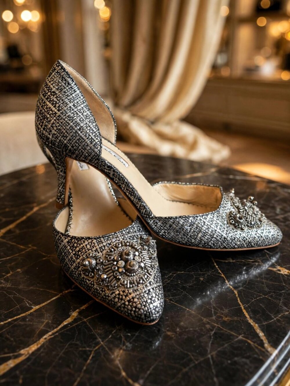 Oscar de la Renta Beaded Toe D'Orsay Pumps | Metallic Silver Sz 7.5
